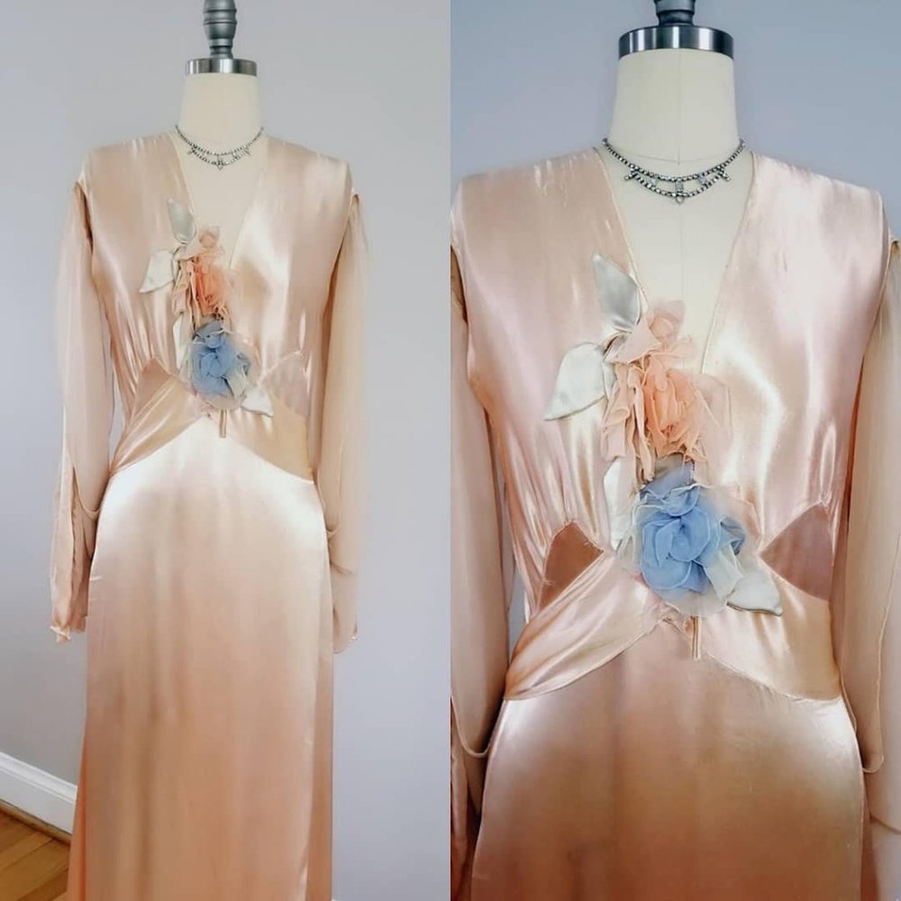 Downton Abbey Aesthetic Rare 1930s Peach Silk Satin Bias Cut Wedding Gown